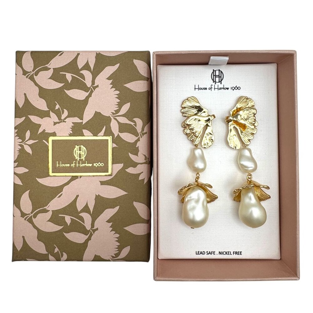 House Of Harlow 1960 Gold Pearl Drop Earrings Nickel Free Jewelry Bridal‎ Bride